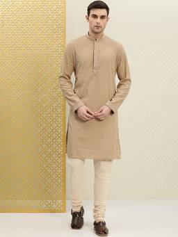 Gahan - Mens Beige Cotton Blend Embroidered Mandarin Neck Full Sleeves Kurta