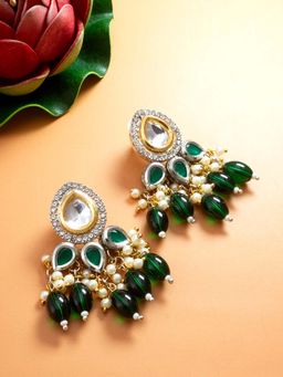 Aadita - Women Green Gold Plated Kundan and Pearl Drop Earrings
