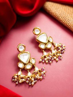 Aadita - Women Purple Gold Plated Kundan and Pearl Drop Earrings