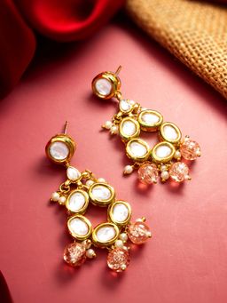 Aadita - Women Peach Gold Plated Kundan and Pearl Drop Earrings