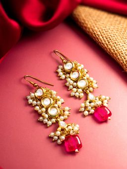 Aadita - Women Pink Gold Plated Kundan and Pearl Drop Earrings