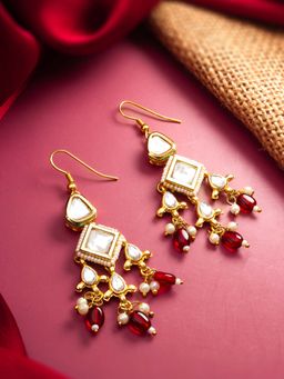 Aadita - Women Maroon Gold Plated Kundan and Pearl Drop Earrings