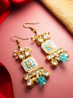 Aadita - Women Turquoise Gold Plated Kundan and Pearl Drop Earrings
