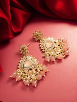 Aadita - Women Peach Gold Plated Kundan and Pearl Drop Earrings