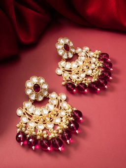 Aadita - Women Wine Gold Plated Kundan and Pearl Chandbali Earrings