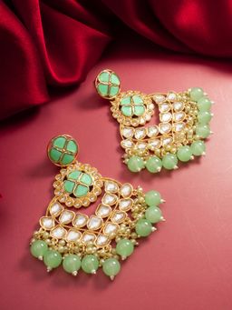 Aadita - Women Green Gold Plated Kundan and Pearl Chandbali Earrings