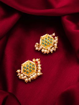 Aadita - Women Green Gold Plated Kundan and Pearl Stud Earrings