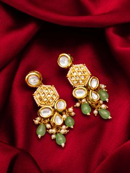 Aadita - Women Green Gold Plated Kundan and Pearl Drop Earrings
