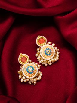 Aadita - Women Orange Gold Plated Pearl Stone Drop Earrings