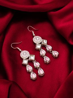 Aadita - Women Pink Oxidized Silver Plated Kundan Pearl and Ad Drop Earrings