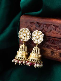 Aadita - Women Maroon Gold Plated Pearl Jhumka Earrings