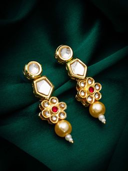 Aadita - Women Red Gold Plated Pearl Stone Drop Earrings