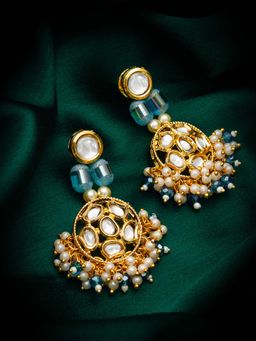 Aadita - Women Blue Gold Plated Kundan Pearl Drop Earrings