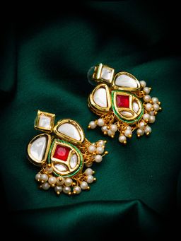 Aadita - Women Red Gold Plated Kundan Pearl Drop Earrings