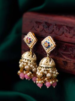 Aadita - Women Pink Gold Plated Pearl Jhumka Earrings