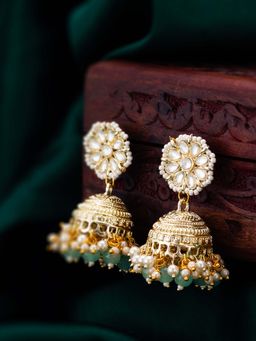 Aadita - Women Mint Green Gold Plated Pearl Jhumka Earrings