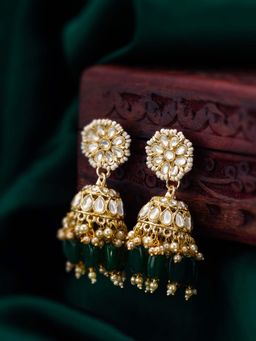 Aadita - Women Green Gold Plated Kundan Pearl Jhumka Earrings