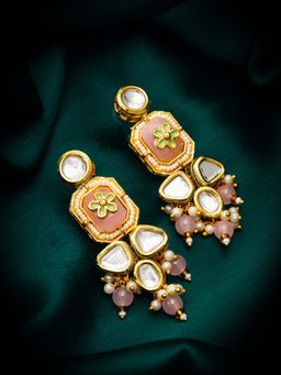 Aadita - Women Peach Gold Plated Kundan Pearl Jhumka Earrings