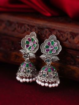 Aadita - Women Multi-Color Oxidized Silver Plated Pearl Jhumka Earrings
