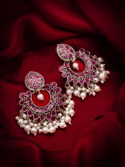 Aadita - Women Pink Oxidized Silver Plated Pearl Stone Studded Drop Earrings