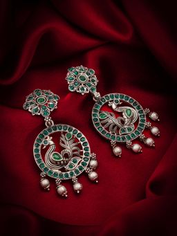 Aadita - Women Green Oxidized Silver Plated Stone Studded Drop Earrings