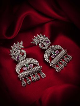 Aadita - Women Multi-Color Oxidized Silver Plated Stone Studded Drop Earrings