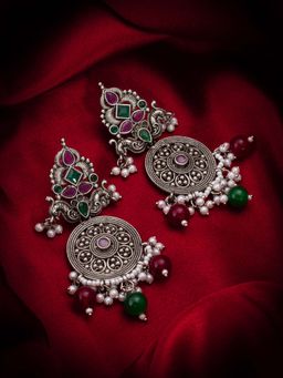Aadita - Women Multi-Color Oxidized Silver Plated Stone Studded Drop Earrings