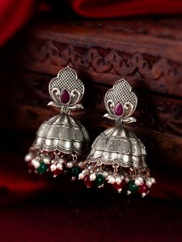 Aadita - Women Multi-Color Oxidized Silver Plated Jhumka Earrings