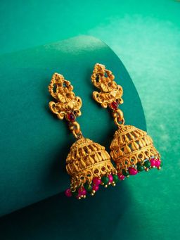 Aadita - Women Multi-Color Gold Plated Stone Studded Temple Jhumka Earrings
