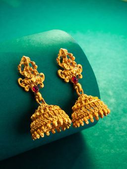Aadita - Women Pink Gold Plated Stone Studded Temple Jhumka Earrings