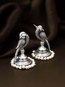 Aadita - Women White Oxidized Silver Plated Pearl Jhumka Earrings