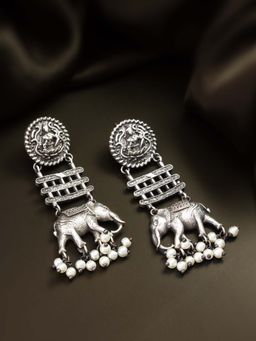 Aadita - Women White Oxidized Silver Plated Temple Pearl Jhumka Earrings