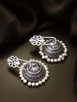 Aadita - Women White Oxidized Silver Plated Pearl Jhumka Earrings