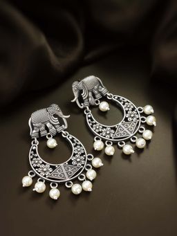 Aadita - Women White Oxidized Silver Plated Pearl Chandbali Earrings