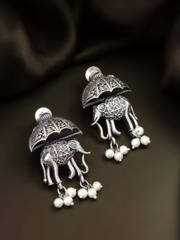 Aadita - Women White Oxidized Silver Plated Pearl Drop Earrings
