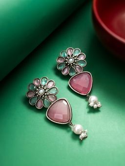 Aadita - Women Multi-Color Oxidized Silver Plated Stone Studded Drop Earrings