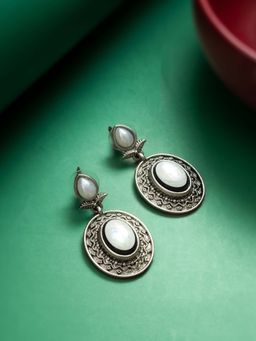 Aadita - Women White Oxidized Silver Plated Pearl Drop Earrings