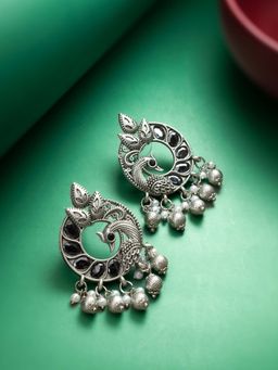 Aadita - Women Black Oxidized Silver Plated Stone Studded Drop Earrings