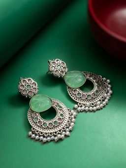 Aadita - Women Green Oxidized Silver Plated Pearl Stone Studded Chandbali Earrings