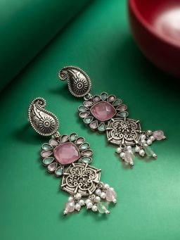 Aadita - Women Multi-Color Oxidized Silver Plated Stone Studded Drop Earrings