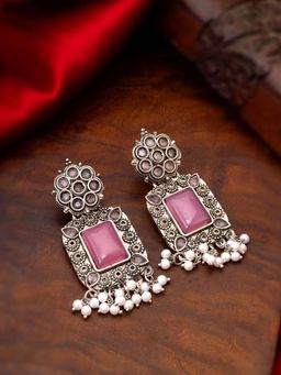 Aadita - Women Pink Oxidized Silver Plated Stone Studded Pearl Drop Earrings