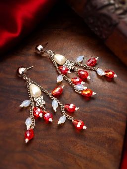 Aadita - Women Red Oxidized Silver Plated Pearl Drop Earrings