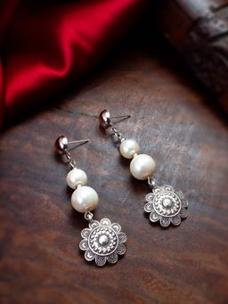 Aadita - Women White Oxidized Silver Plated Pearl Drop Earrings
