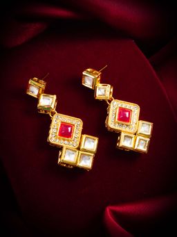Aadita - Women Red Gold Plated Kundan Ad Stones Drop Earrings