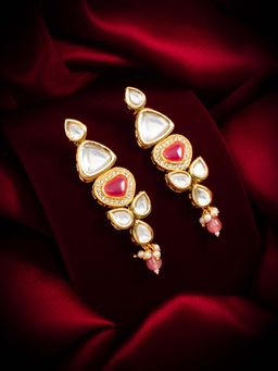 Aadita - Women Red Gold Plated Kundan Ad Stone Drop Earrings
