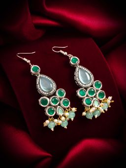 Aadita - Women Green Kundan Silver Plated Ad Drop Earrings
