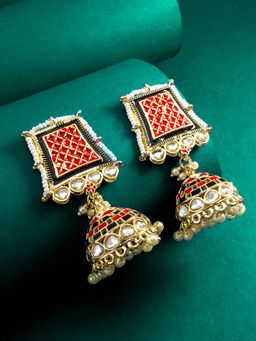 Aadita - Women Gold Plated Red Meenakari Pearl Jhumka Earrings