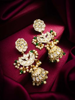 Aadita - Women Green Gold Plated Kundan Pearls Jhumka Earrings