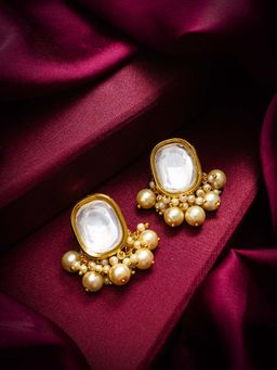 Aadita - Women White Gold Plated Kundan Studded Pearls Oval Drop Earrings