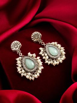 Aadita - Women Green Pearl Silver Plated Stone Studded Classic Drop Earrings